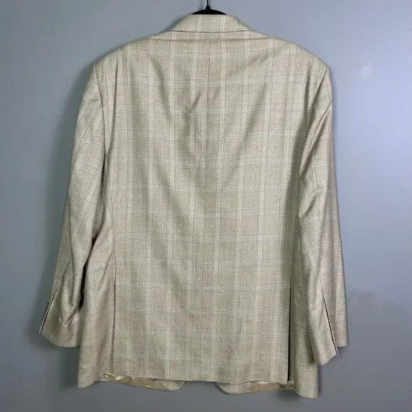 Brooks‎ Brothers sport coat 44 R plaid neutral wool silk tan (FLAW)